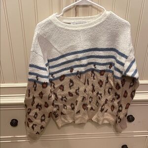 cupcakes & cashmere Striped Leopard Sweater - White, Blue, Tan